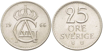 Швеция 25 эре 1966 U, Густав VI Адольф (1950-1973) KM 836 медно-никель 4516-463
