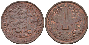 НИДЕРЛАНДЫ 1 ЦЕНТ 1941 ВИЛЬГЕЛЬМИНА (1890-1948) KM 152 бронза 39-119