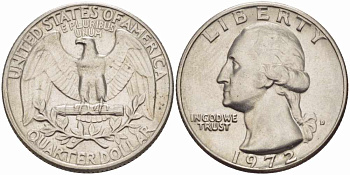 США 25 центов (квотер) 1972 D, Вашингтон KM 164а медь плакированная медно-никелем 4364-2311