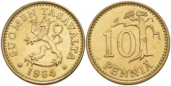 ФИНЛЯНДИЯ 10 ПЕННИ 1964 KM 46 алюминиевая бронза 4548-255