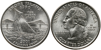 США 25 центов = квотер 2001 Р, серия штаты США, Род-Айленд KM 320 медь плакированная медно-никелем 24-1211