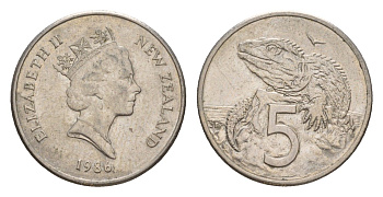 Новая Зеландия 5 центов 1986 Елизавета II (1952-2022), ящерица гаттерия KM 60 медно-никель 4178-365
