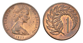 Новая Зеландия 1 цент 1973 Елизавета II (1952-2022), лист папоротника KM 31.1 бронза UNC 4655-216