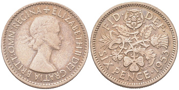 Великобритания 6 пенсов 1953 Елизавета II (1952-2022) KM 889, Spink 4141 медно-никель 4614-824