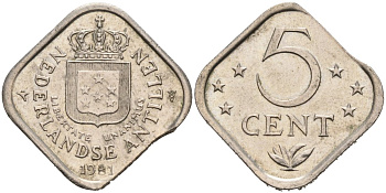 Нидерландские Антилы 5 центов 1981 Беатрикс (1980-2013) брак заготовки KM 13 медно-никель 4563-726