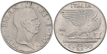 ИТАЛИЯ 50 ЧЕНТЕЗИМО 1941 R, ГОД XIX, ВИКТОР ЭММАНУИЛ III (1900-1946) KM 76b, VEM3. 1063 нержавеющая сталь 3853-332