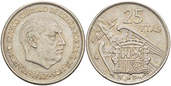 ИСПАНИЯ 25 ПЕСЕТ 1957 (75) ФРАНСИСКО ФРАНКО ДИКТАТОР ИСПАНИИ (1939-1975) KM 787 медно-никель 97-1135