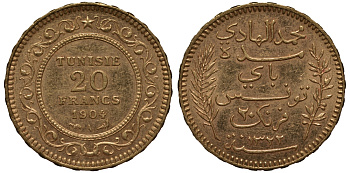 Тунис 20 франков 1904 KM 234 золото 00-809-63