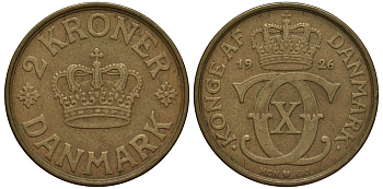 ДАНИЯ 2 КРОНЫ 1926 HCN; GJ, КРИСТИАН X (1912-1947) KM 825.1 алюминиевая бронза 38-433