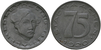 Ахен (Пруссия, Рейн) 75 пфеннингов 1920 Funck 1.16 цинк 4163-331