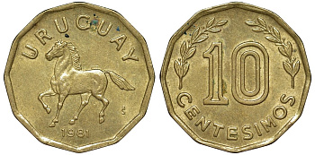 Уругвай 10 сентесимо 1981 KM 66 алюминиевая бронза 4169-515
