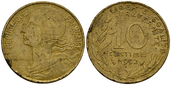 Франция 10 сантимов 1992 тип Marianne KM 929 алюминиевая бронза 4390-854