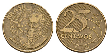 Бразилия 25 сентаво 2004 KM 650 сталь плакированная латунью 3459-1053