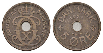 Дания 5 эре 1927 NCH, Кристиан X (1912-1947) KM 828 бронза 4700-812