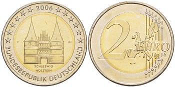 ГЕРМАНИЯ 2 ЕВРО 2006 F, ШЛЕЗВИГ-ГОЛЬШТЕЙН, МОНДВОР ШТУТГАРТ KM 253 биметалл UNC 4517-736