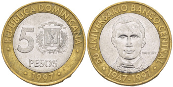 Доминиканская республика 5 песо 1997 50 лет центральному банку KM 88 биметалл 4541-1115