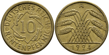 ГЕРМАНИЯ 10 РЕНТЕНПФЕННИГОВ 1924 А KM 33, J. 309, Weege 8 алюминиевая бронза 51-436