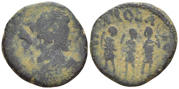 Римская Империя центенионалий 406 - 408 Аркадий, ГОНОРИЙ и Феодосий II, бюст императора / GLORIA ROMANORVM, ТРИ императора, Антиохия RIC 151-155 медь 1073-20-115