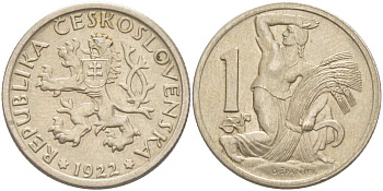 Чехословакия 1 крона 1922 женщина со снопом и серпом KM 4 медно-никель 4514-845