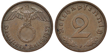 Германия 2 рейхспфеннига 1937 F KM 38, J. 362 алюминиевая бронза 4121-622