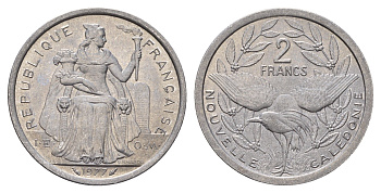 Новая Каледония 2 франка 1977 птица кагу, (IEOM) KM?14, Schoen?11, Lec?58 алюминий UNC 181-945