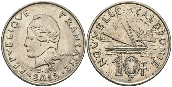 Французская Новая Каледония 10 франков 2012 рыбачья парусная лодка, (IEOM) KM 11a, Schoen 13a, Lec 99k медно-никель 65-536