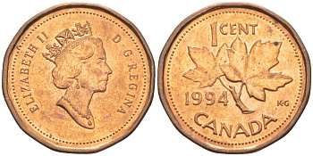 Канада 1 цент 1994 Елизавета II (1952-2022), кленовый лист KM 181 бронза 187-417