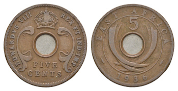 Британская Восточная Африка 5 центов 1936 H, Эдуард VIII KM 23 бронза 4652-853