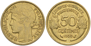 ФРАНЦИЯ 50 САНТИМОВ 1939 ТИП MORLON KM 894.1, LE FRANC 192.15 алюминиевая бронза 44-839