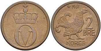 Норвегия 2 эре 1961 глухарь, Улаф V (1958-1991) KM 410 бронза UNC 4582-524