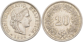 ШВЕЙЦАРИЯ 20 РАППЕНОВ 1984 KM 29a медно-никель 55-1015