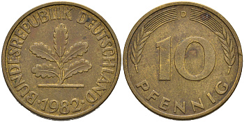 ФРГ 10 ПФЕННИГОВ 1982 D KM 108, J.383 сталь плакированная латунью 75-651