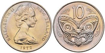 Новая Зеландия 10 центов 1970 Елизавета II (1952-2022), маска маори KM 41.1 медно-никель  UNC  4182-1047
