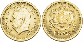 Монако 2 франка 1945 Луи II (1922-1949) KM 121а алюминиевая бронза UNC 3457-535