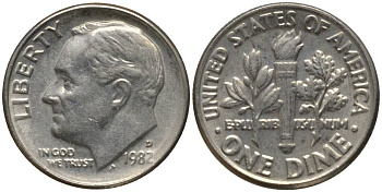 США 10 центов (дайм) 1982 D, Рузвельт KM 195а медь плакированная медно-никелем 3955-1069