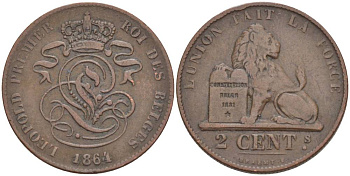 БЕЛЬГИЯ 2 САНТИМА 1864 BELGES KM 4.2 медь 4546-115