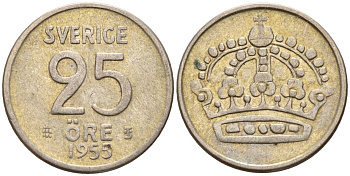 Швеция 25 эре 1955 TS, Густав VI Адольф (1950-1973) KM 824 серебро 4147-1044