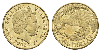 Новая Зеландия 1 доллар 2002 Елизавета II (1952-2022), птица киви KM 120 алюминиевая бронза UNC 4652-253