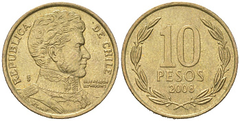 Чили 10 песо 2008 So KM 228.2, Schon 82 алюминиевая бронза 4617-1054