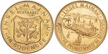 ГЕРМАНИЯ ЖЕТОН ND WERTMARKE, ОСТРОВ ЦВЕТОВ НА БОДЕНСКОМ ОЗЕРЕ, ДИАМЕТР 32 ММ. жёлтый металл 4527-832