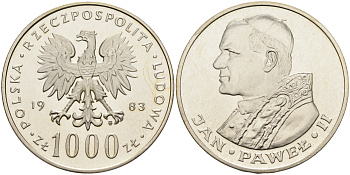Польша 1000 злотых 1983 MW, визит папы Иоанна Павла II в Польшу KM 144, Parchimowicz 337b серебро  UNC  1522-731