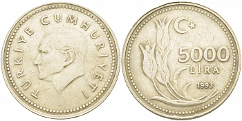 ТУРЦИЯ 5000 ЛИР 1993 KM 1025 никель бронза 3457-511