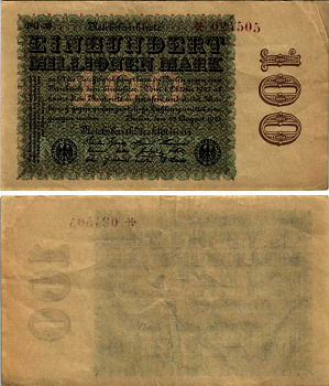 ГЕРМАНИЯ 100000000 МАРОК 1922 22 АВГУСТА 1922, ВОДЯНОЙ ЗНАК Е, В ЗВЕЗДАХ G/D Pick 107d бумага VF-XF 8518-38-1-1