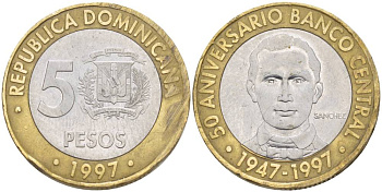Доминиканская республика 5 песо 1997 50 лет центральному банку KM 88 биметалл 4551-735