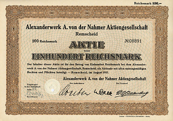 Германия 100 рейхсмарок 1937 Александрверк А. фон дер Нахмер АГ Ремшайд, акция   бумага   8803-103-1