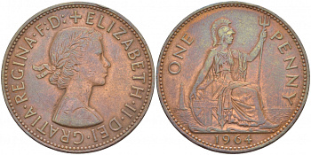 Великобритания 1 пенни 1964 Елизавета II (1952-2022) KM 897, Spink 4157 бронза 3996-216