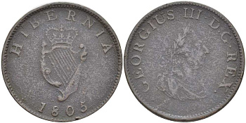 Ирландия 1/2 пенни 1805 Георг III (1760-1820) KM 147.1 медь 109-1245