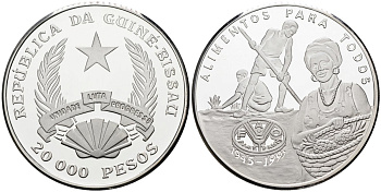 Гвинея-Бисау 20000 песо 1995 50 лет ФАО, всемирная продовольственная программа, тираж 2200 экз. KM 41 серебро PROOF 00-00-00