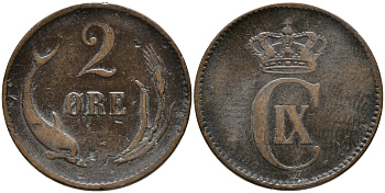 ДАНИЯ 2 ЭРЕ 1880 КРИСТИАН IX (1863-1906) KM 793.1 бронза 28-1022