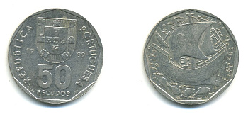 ПОРТУГАЛИЯ 50 ЭСКУДО 1989 КОРАБЛЬ KM 636 медно-никель 56-1452